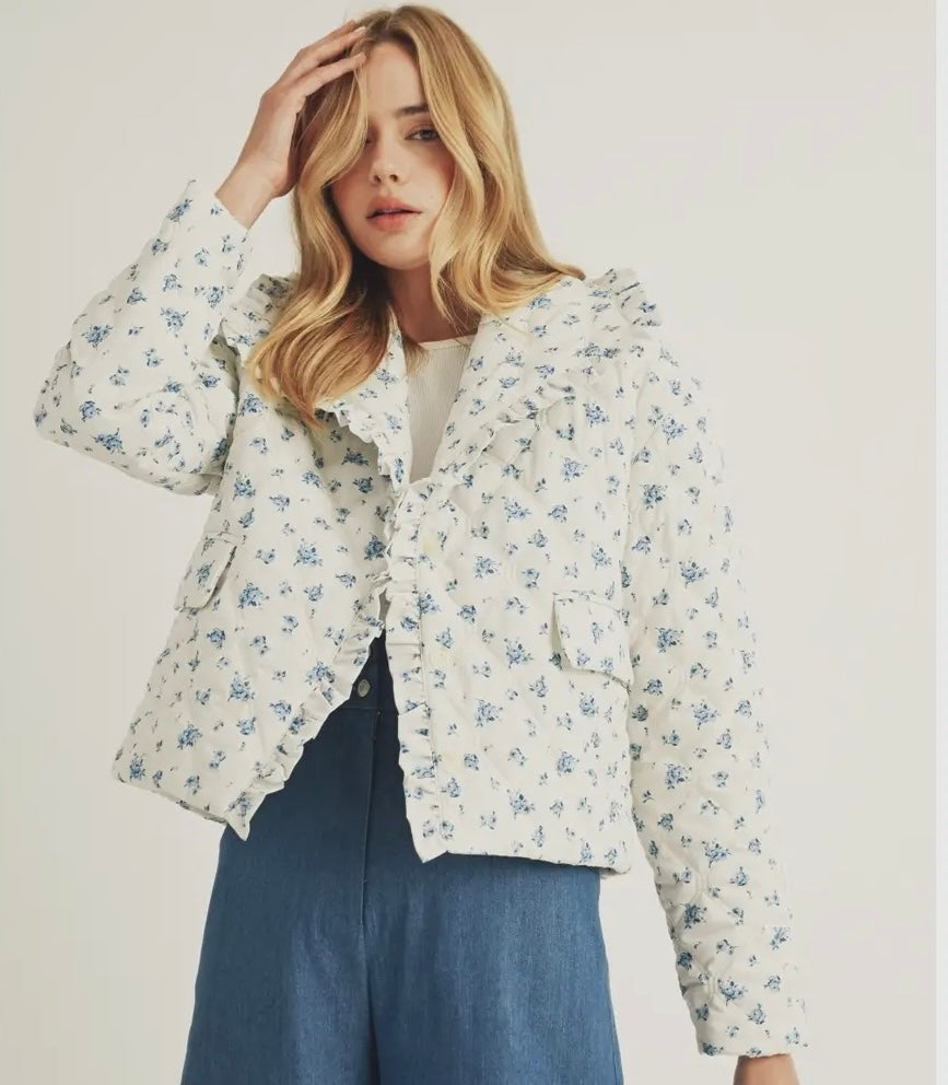Blue rose print quilted jacket